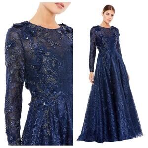 NWT MAC DUGGAL Navy Floral Beaded Lace Long Sleeve Embellished A-Line Gown Women